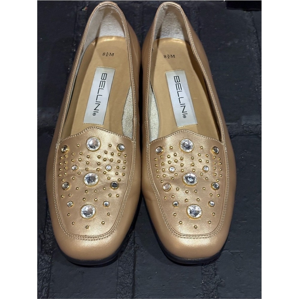 Bellini Womens Gold Metallic Rhinestone Studded Square Toe Loafers Size 8.5 M